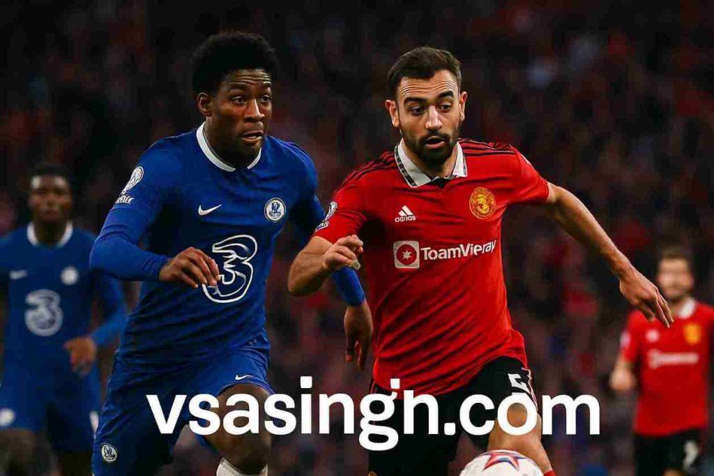 Chelsea और Manchester United के खिलाड़ियों की भिड़ंत के दौरान लिया गया एक्शन फोटो"