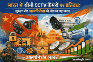 india bans chinese cctv कैमरों पर प्रतिबंध दिखाता ग्राफिक, जिसमें एक चीनी कैमरा बैन साइन के साथ और एक “Made in India” CCTV कैमरा सुरक्षा और आत्मनिर्भर भारत को दर्शाता है, साथ में vsasingh.com लिखा हुआ है।