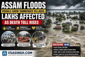 Aerial view of submerged villages in Assam as severe floods affect lakhs of people during the 2026 monsoon.