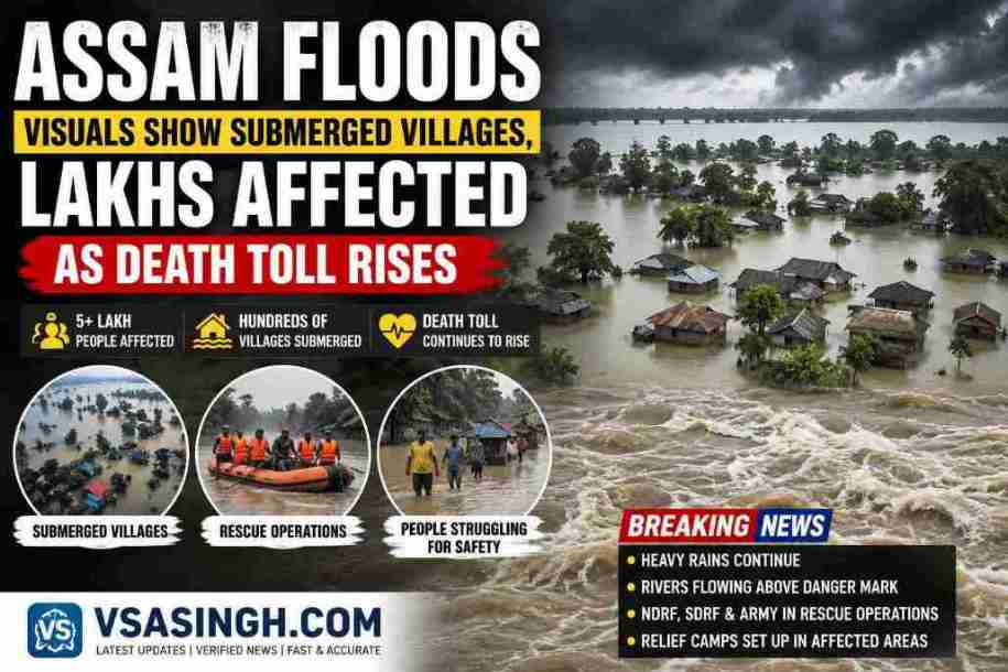 Aerial view of submerged villages in Assam as severe floods affect lakhs of people during the 2026 monsoon.