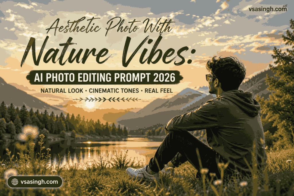 Young man relaxing in a green field with sunset nature vibes aesthetic AI photo prompt