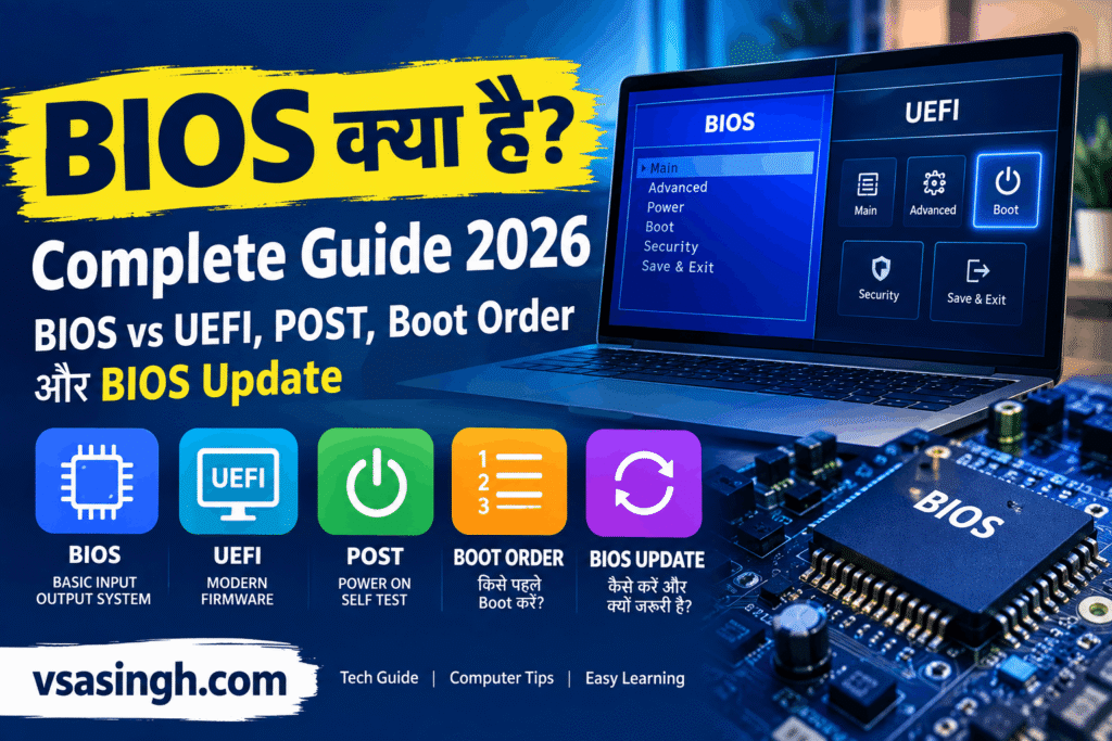 BIOS kya hai complete guide 2026 showing BIOS vs UEFI, POST and boot order