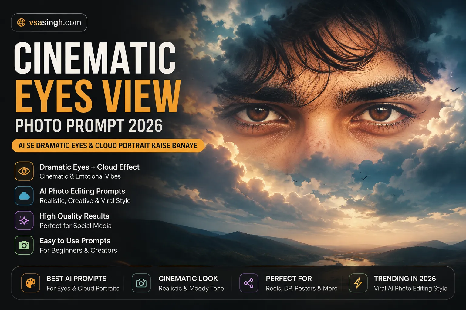 Cinematic Eyes View Photo Prompt 2026: AI Se Dramatic Eyes & Cloud Portrait Kaise Banaye