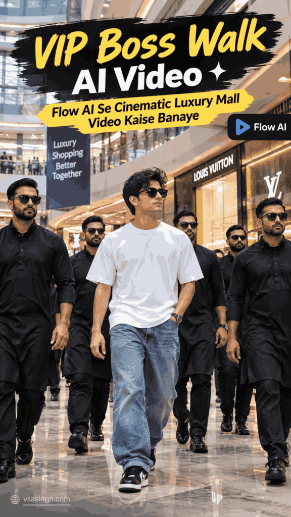 VIP Boss Walk AI video with bodyguards in a luxury shopping mall created using Flow AI
