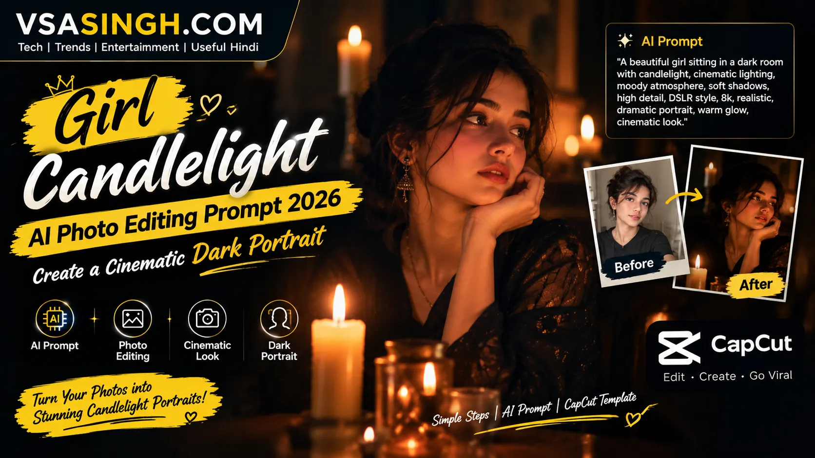 Girl Candlelight AI Photo Editing Prompt 2026: Create a Cinematic Dark Portrait