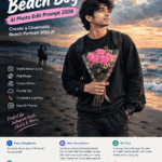 Romantic Beach Boy AI photo edit with pink roses on a cinematic beach