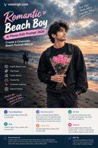 Romantic Beach Boy AI photo edit with pink roses on a cinematic beach