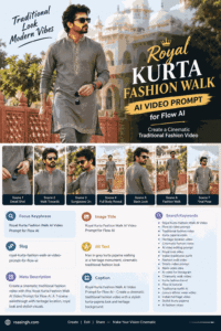 Royal kurta fashion walk AI video prompt showing a man in traditional kurta at a heritage monument