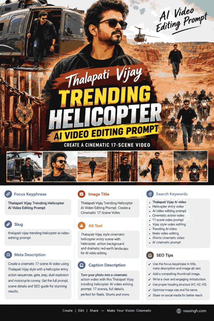 Thalapati Vijay style cinematic helicopter AI video editing prompt with action scenes