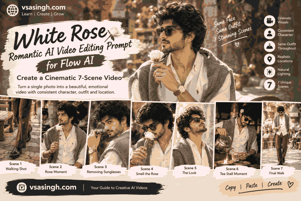 White Rose Romantic AI Video Editing Prompt for Flow AI featuring a cinematic seven-scene fashion video