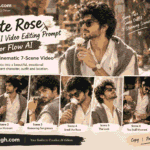 White Rose Romantic AI Video Editing Prompt for Flow AI featuring a cinematic seven-scene fashion video