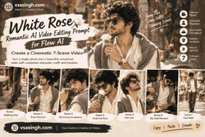 White Rose Romantic AI Video Editing Prompt for Flow AI featuring a cinematic seven-scene fashion video