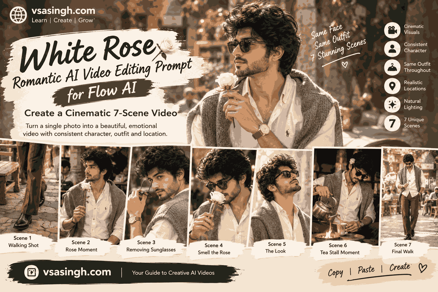 White Rose Romantic AI Video Editing Prompt for Flow AI: Create a Cinematic 7-Scene Video