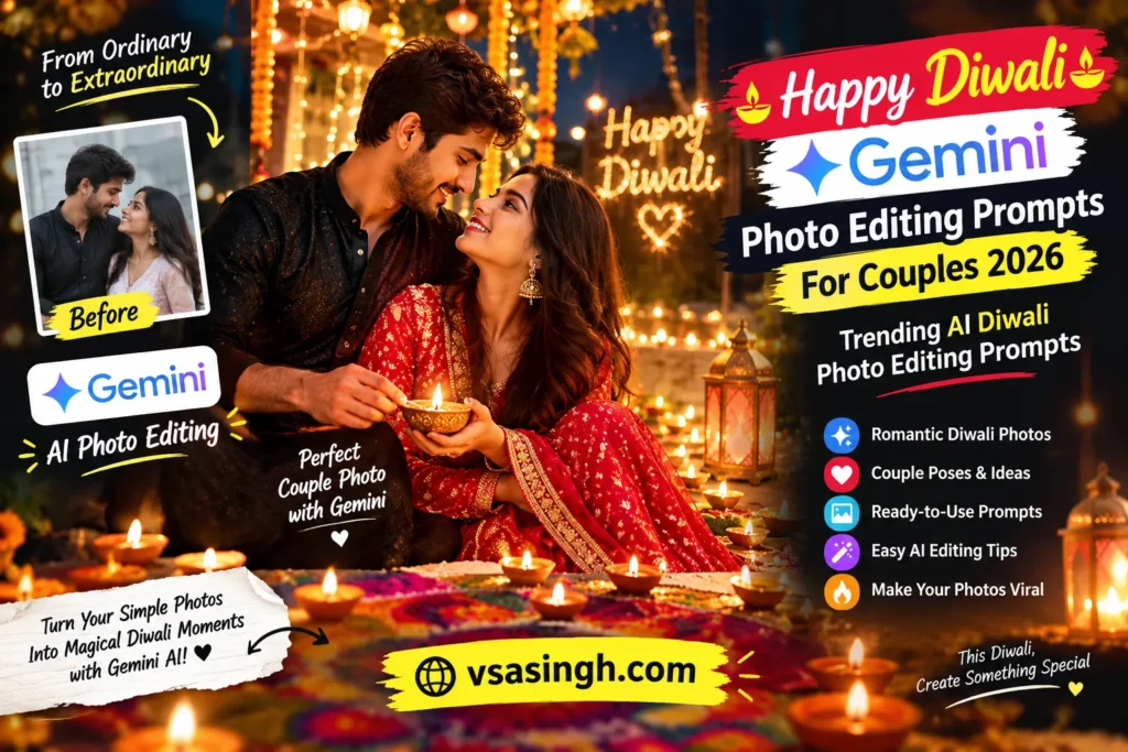 Happy Diwali Gemini AI photo editing prompts for couples 2026 with a romantic festive Diwali background, traditional outfits, glowing diyas, and colorful lights.