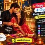 Happy Diwali Gemini AI photo editing prompts for couples 2026 with a romantic festive Diwali background, traditional outfits, glowing diyas, and colorful lights.