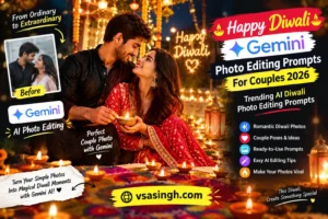Happy Diwali Gemini AI photo editing prompts for couples 2026 with a romantic festive Diwali background, traditional outfits, glowing diyas, and colorful lights.