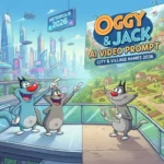 Cartoon cats Oggy and Jack exploring a futuristic city and peaceful village for AI video prompts 2026