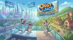 Cartoon cats Oggy and Jack exploring a futuristic city and peaceful village for AI video prompts 2026